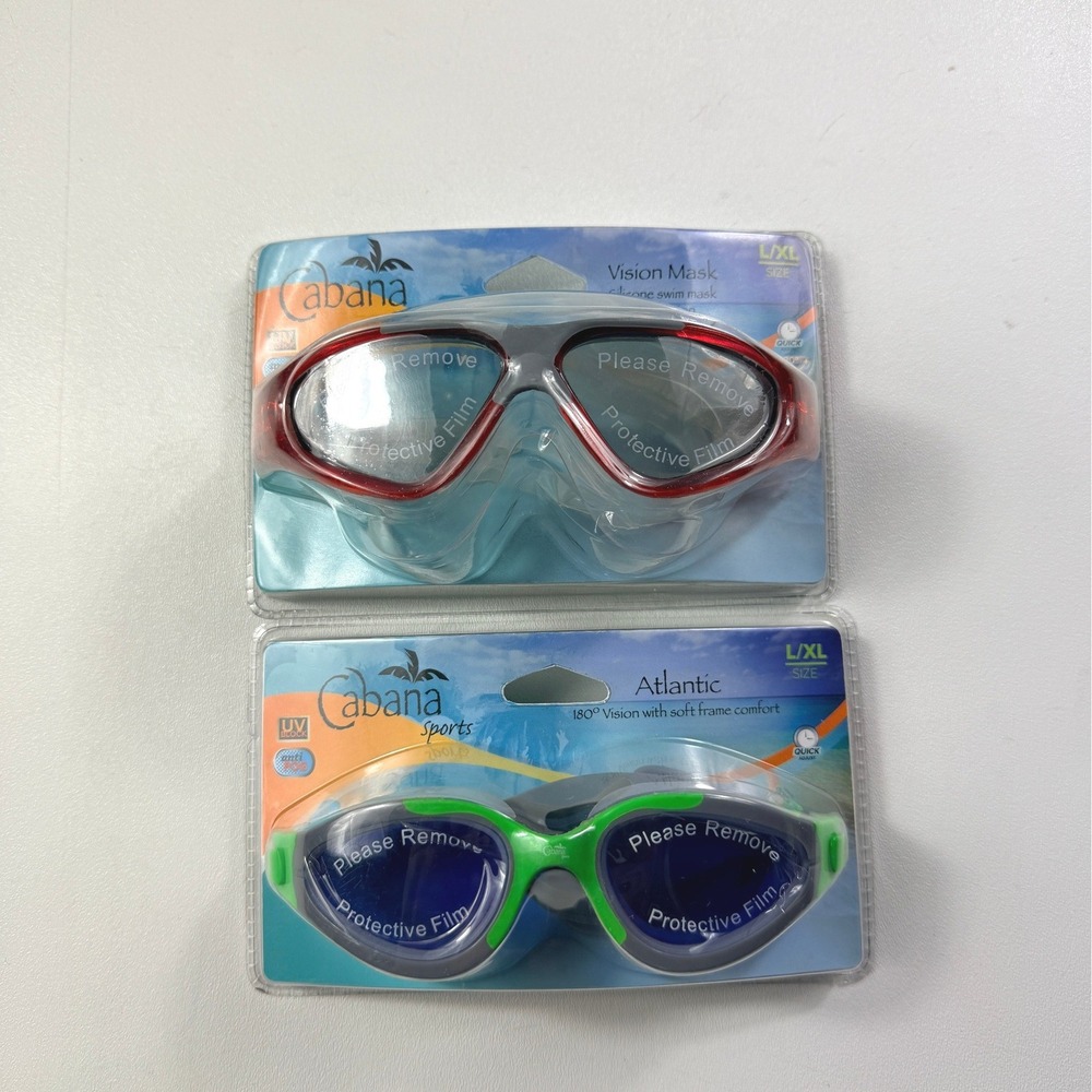 LOT 2 Cabana Sports Swim Goggles Mask Size L/XL Atlantic Vision UV Anti-Fog NEW